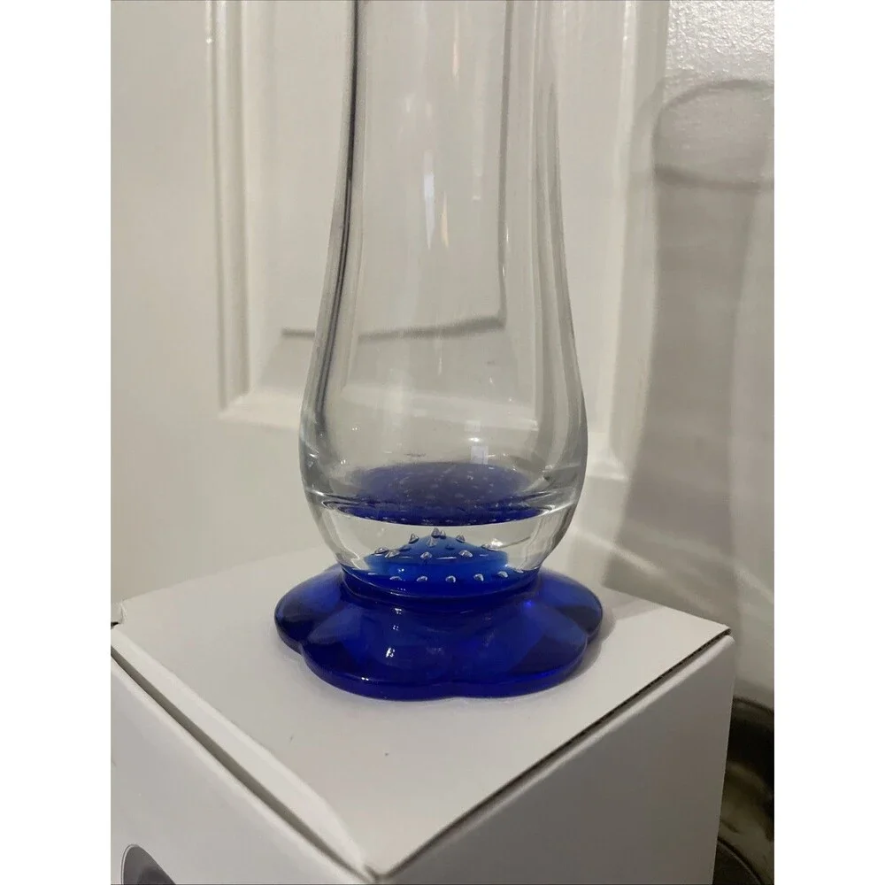 Bormioli Rocco Italy, Blown Glass Vase, Blue Flower Shaped Foot